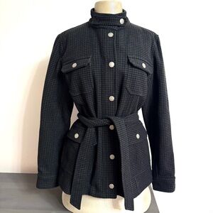 APC 38 US M 4-6 Houndstooth Tweed Coat Jacket Belt Pockets Zip Snap Wool Blend